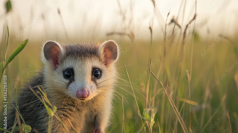 Fototapeta premium Cute opossum in golden field.