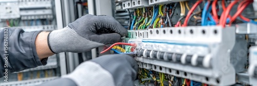 Horizontal view of gloved electrician securing electrical equipment and grounding cables inside open power cabinet, detailed engineering tools visible, clean modern background