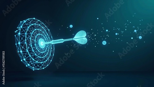 Precision and accuracy in digital goal achievement concept with glowing dart hitting target on futuristic blue background