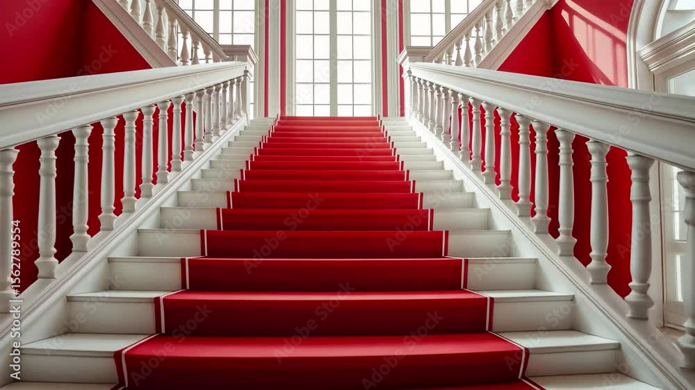 Stunning luxury staircase with red and white design in an elegant interior home setting, luxury staircase in interior house with red and white color video in background