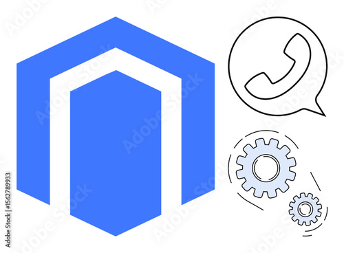 Blue hexagonal structure alongside gears and phone in speech bubble. Ideal for technology, communication, teamwork, engineering, customer support, automation, problem-solving. Simple flat metaphor