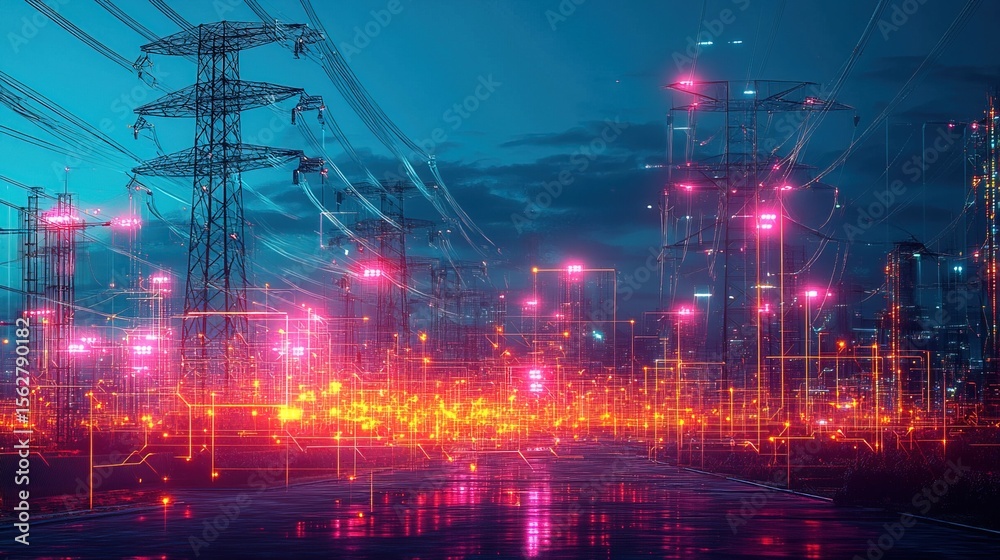 Fototapeta premium A neon cyberpunk-style power grid managing worldwide energy distribution 