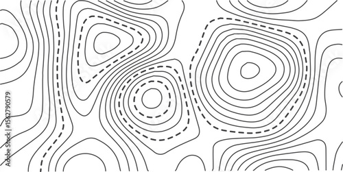 Vector illustration. Abstract topographic map. Thin black dashed contour lines on white background