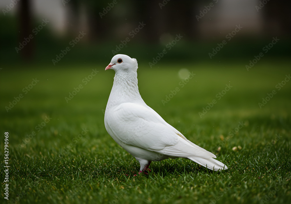 Obraz premium White Dove Standing on Green Lawn | Symbol of Peace and Purity for Weddings, Events and Conservation Projects