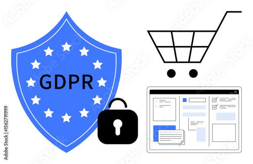 Blue GDPR shield, padlock, shopping cart, web interface emphasizing security, data privacy, regulatory compliance. Ideal for privacy, compliance, e-commerce cybersecurity regulation online safety