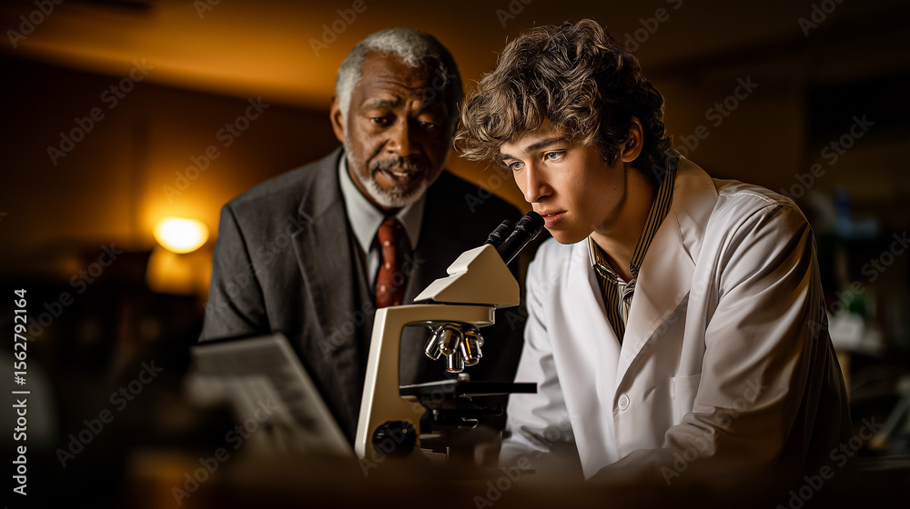 Obraz premium Medical Student Peers Through Microscope