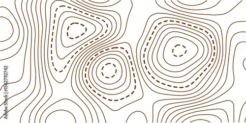 Vector illustration. Abstract topographic map. Golden dashed contour lines on white background