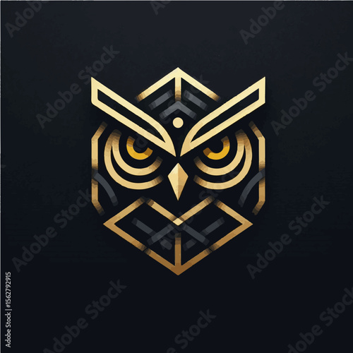 Minimalist Geometric Owl Face Logo with Golden Eyes on Matte Black