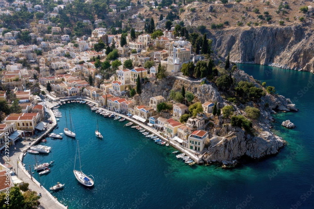 Naklejka premium Coastal town nestled in a harbor