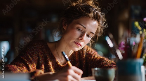Creative writing session by a woman in a cozy home office artistic environment intimate viewpoint