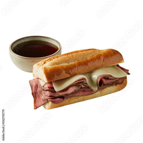 Ham and French dip sandwich top view on white background