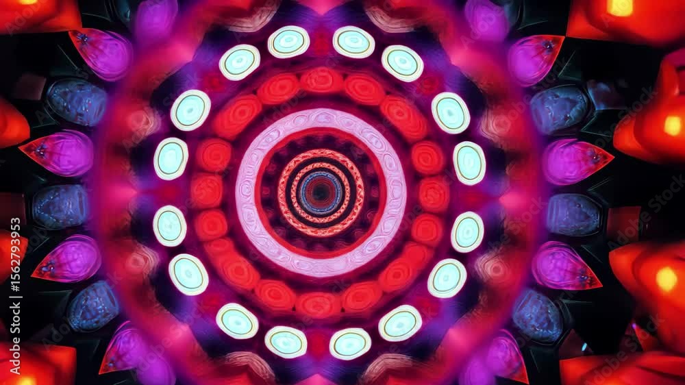 Colorful digital projection creates a mesmerizing pattern on the ceiling during an evening event, Colorful digital display projection on the ceiling with abstract kaleidoscope pattern