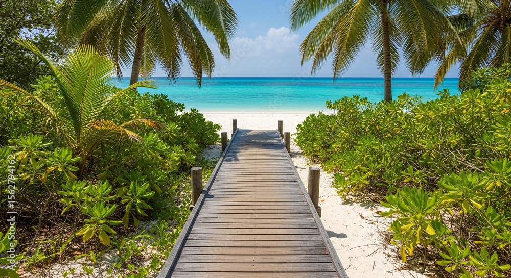Obraz premium Wooden walkway to tropical beach.