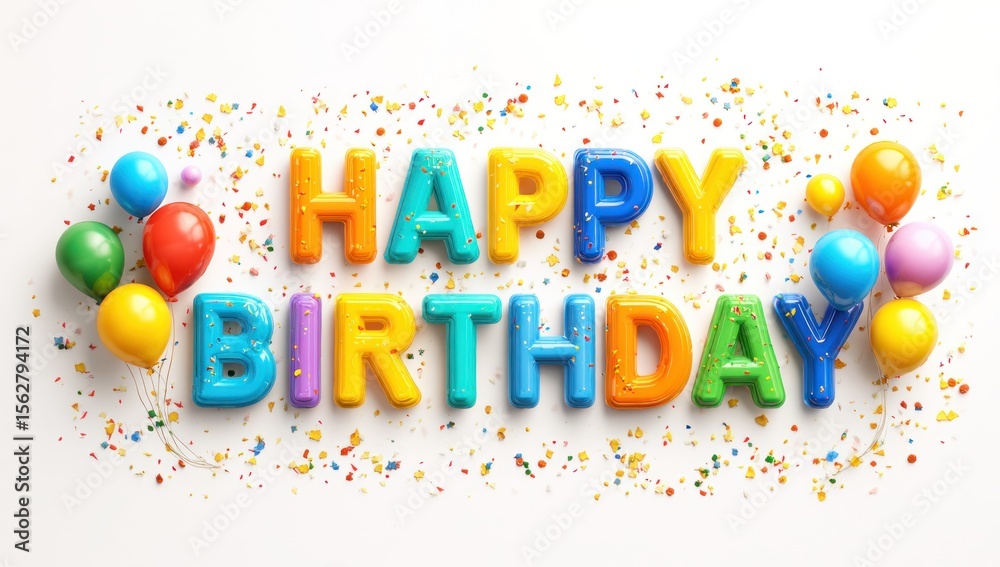 Fototapeta premium Colorful birthday text with balloons and sprinkles