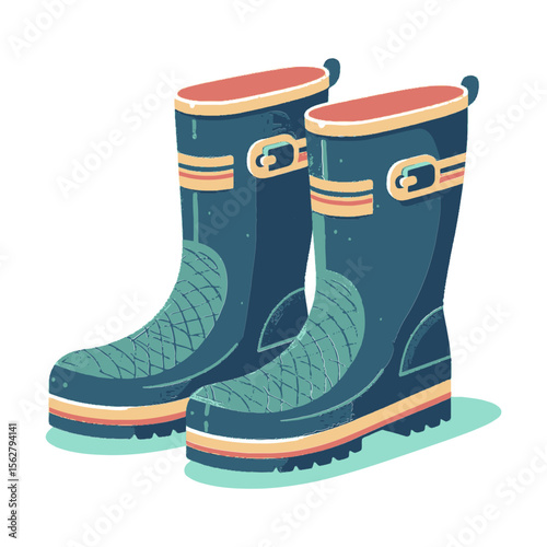  blue rubber boots with orange and yellow accents, ideal for websites or blogs related to gardening, outdoor activities, or wet weather gear. The style is flat vector.

