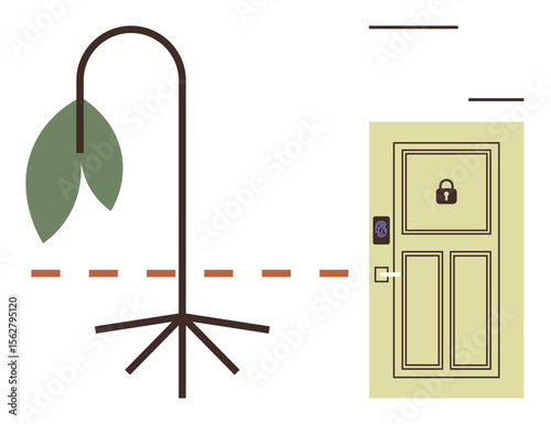 Door with lock beside a minimalistic tree missing leaves, communicating restriction, boundaries, security. Ideal for crisis, protection, vulnerability, isolation, challenges growth simple landing