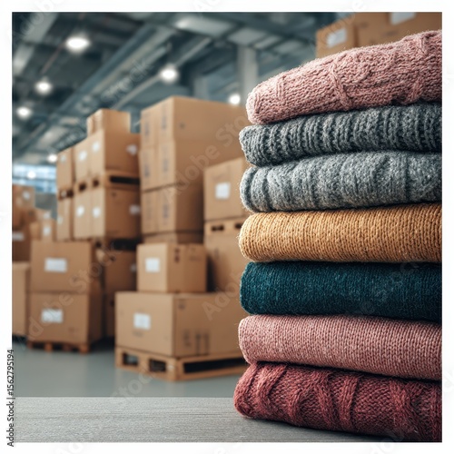 A neatly stacked pile of colorful knit sweaters sits in the foreground of a warehouse filled with cardboard boxes on pallets