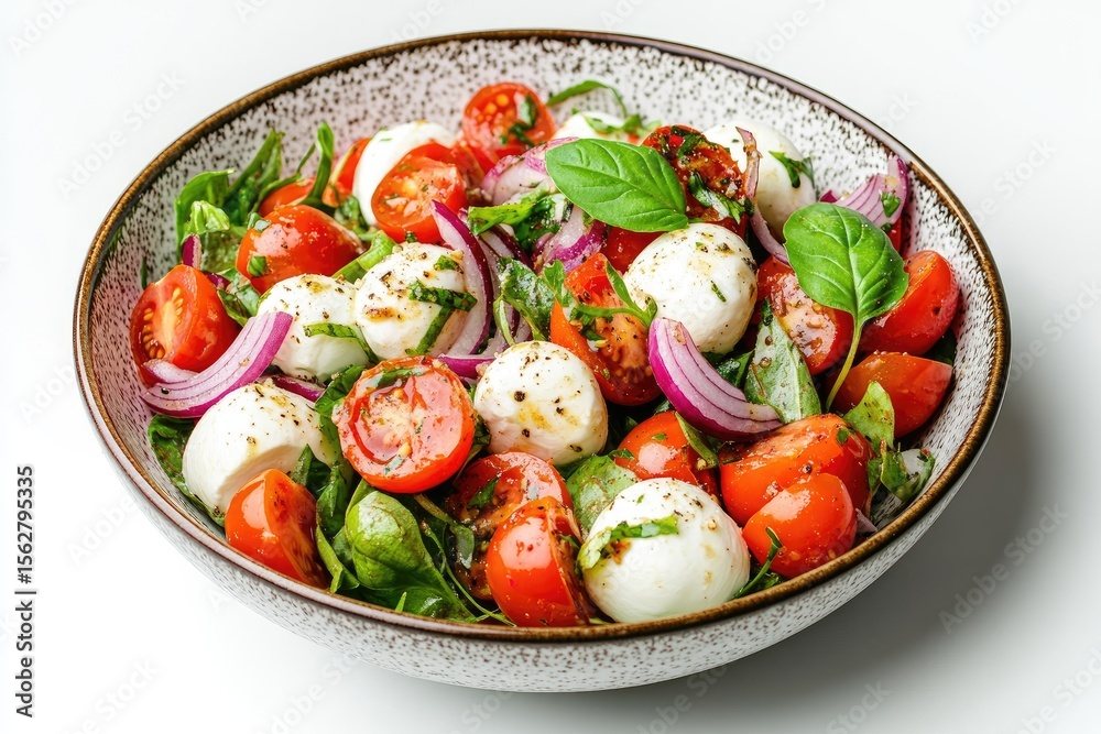 Fresh mozzarella salad with cherry tomatoes, red onion, and spinach Fresh mozzarella salad with cherry tomatoes, red onion, and spinach