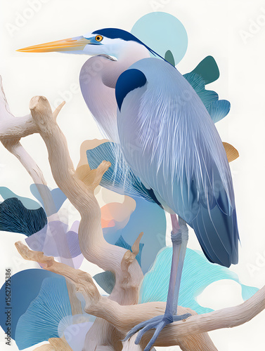 watercolor illustration of a great blue heron perched on  mangrove roots.