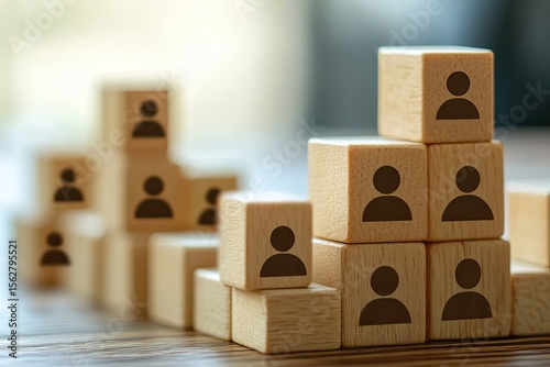 Wooden blocks stacked in a stair-step pattern, each block featuring a small person icon.  The blocks represent a hierarchy or progression.  Soft focus background