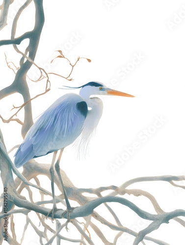 watercolor illustration of a great blue heron perched on  mangrove roots.