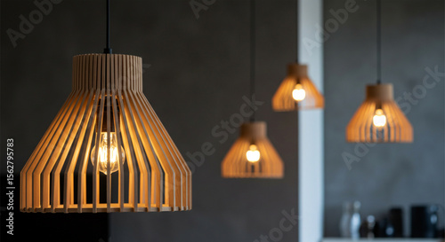 Wooden pendant lamps illuminated interior