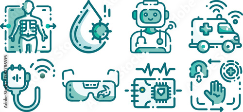A collection of teal medical icons depicting technology in healthcare, isolated on transparent background.