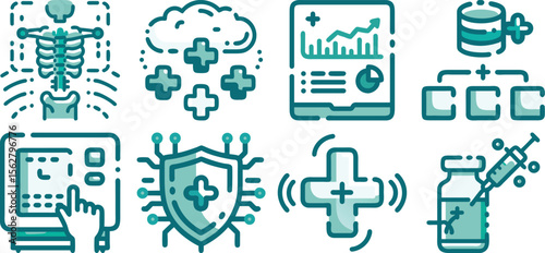 Collection of teal medical icons showcasing digital health and data security, isolated on transparent background.