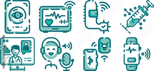 A collection of teal medical icons isolated on transparent background, showcasing telemedicine, wearable tech, and remote patient monitoring.