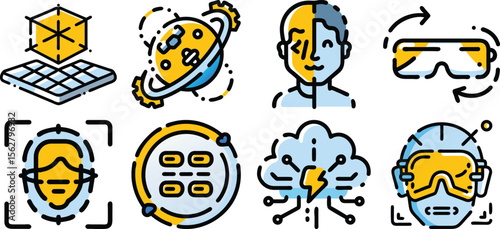 A set of broken line yellow and blue technology icons isolated on transparent background, representing virtual and augmented reality, 3d modeling, and facial recognition.