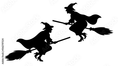 Set Of Flying Witch Silhouettes on Broomsticks