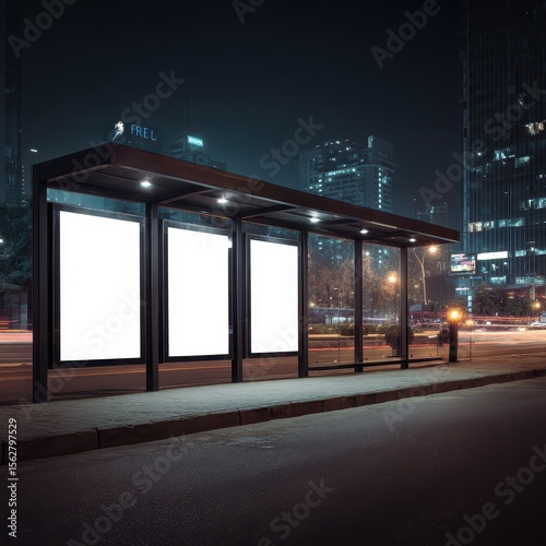 Nighttime cityscape with an empty, three-paneled bus shelter ad space, illuminated against a backdrop of skyscrapers and blurred traffic photo