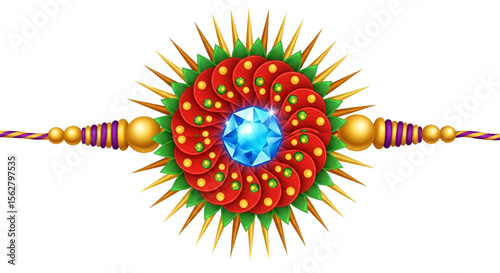 Colorful Traditional Rakhi with Decorative Beads and Gemstone Design for Raksha Bandhan Celebration on White Background Symbolizing Bond of Love and Protection