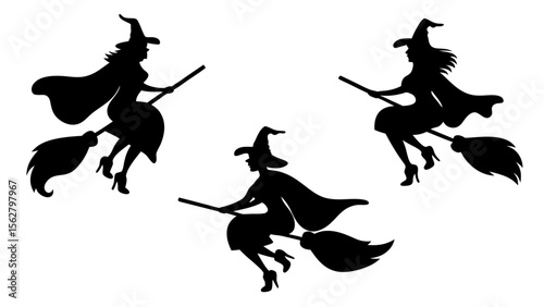 Set Of Flying Witch Silhouettes on Broomsticks