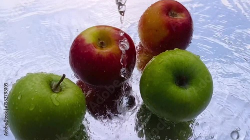Apple splashed, dripped, swirling in water, radiating a crisp, refreshing sensation. Horizontal Video.