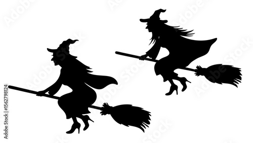 Set Of Flying Witch Silhouettes on Broomsticks