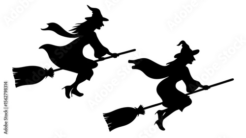 Set Of Flying Witch Silhouettes on Broomsticks