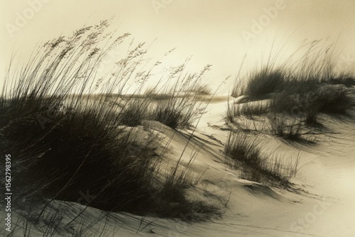 Windswept Coastal Dunes with Tall Grass Silhouettes Cast Against Hazy Sky, Evoking Melancholic Serenity and Timeless Beauty in Minimal Sepia-Toned Landscape of Sand and Solitude