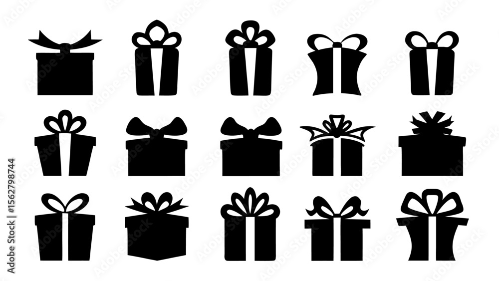 Fototapeta premium Gift boxes with ribbon icons Set. Gift box flat silhouette set.