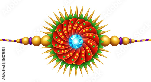Colorful Traditional Rakhi with Decorative Beads and Gemstone Design for Raksha Bandhan Celebration on White Background Symbolizing Bond of Love and Protection