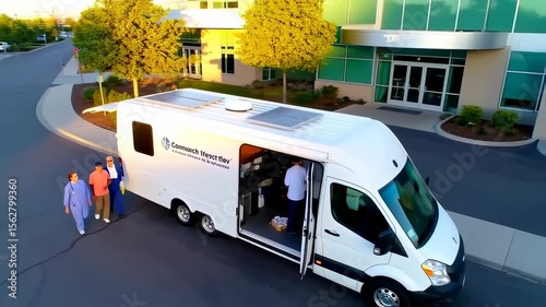 Mobile laboratory vehicle with solar panels parked near modern building showcasing research technology
