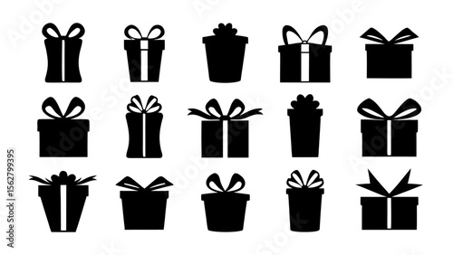  Gift boxes with ribbon icons Set. Gift box flat silhouette set.