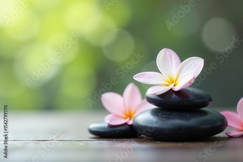Smooth spa stones, delicate flower, serene light background, treatment, high-key, massage