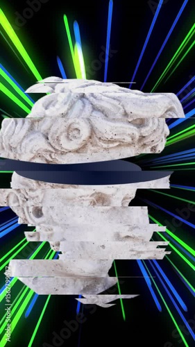 Animation of antique sculpture head over light trails