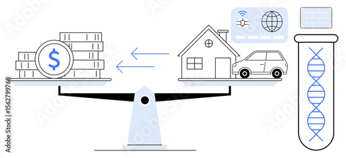 Weighted scale balancing money with house, car, test tube, and technology icons. Ideal for finance, investment, science, innovation decision-making balance and trade-offs. Conveying simple flat