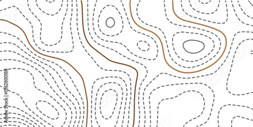 Vector illustration. Abstract topographic map. Golden dashed contour lines on white background
