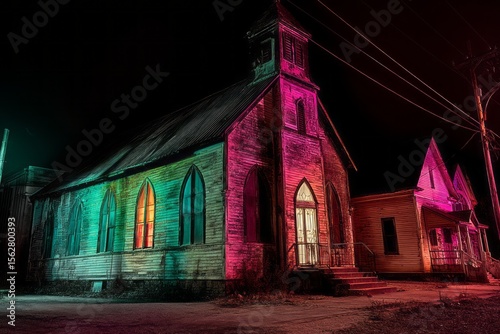 Abandoned Gothic Church Bathed in Neon Pink and Green Lights at Night, Merging Haunting Architecture with Retro-Futuristic Glow to Evoke Eerie Atmosphere and Urban Surreal Aesthetic