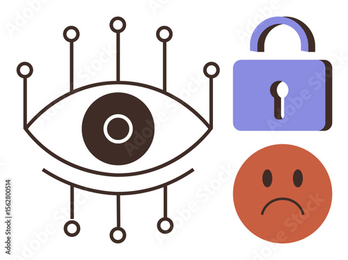 Central eye with connected lines for technology, purple padlock for security, sad face for emotions. Ideal for privacy, surveillance, security, technology, ethics, emotions simple flat metaphor