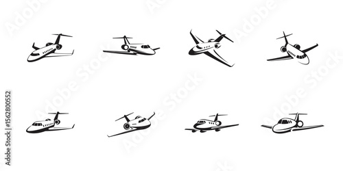 Private jet vector icons in black, aircraft and airplane silhouette pack, minimalist aviation symbols, flight and travel business transport illustrations

