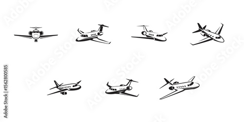 Black vector icon pack of private jets and airplanes, aviation silhouette set, luxury business aircraft, flying transport illustrations for design work

